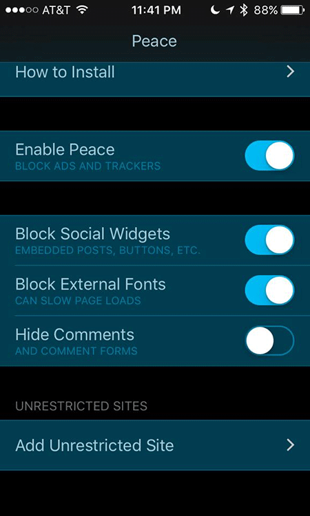 A screenshot of settings of the iOS application Peace