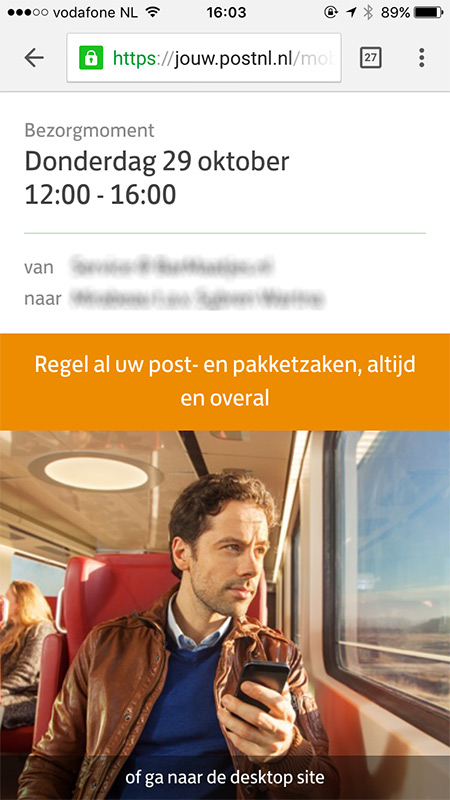 Screenshot of a webpage of PostNL, with the brand font